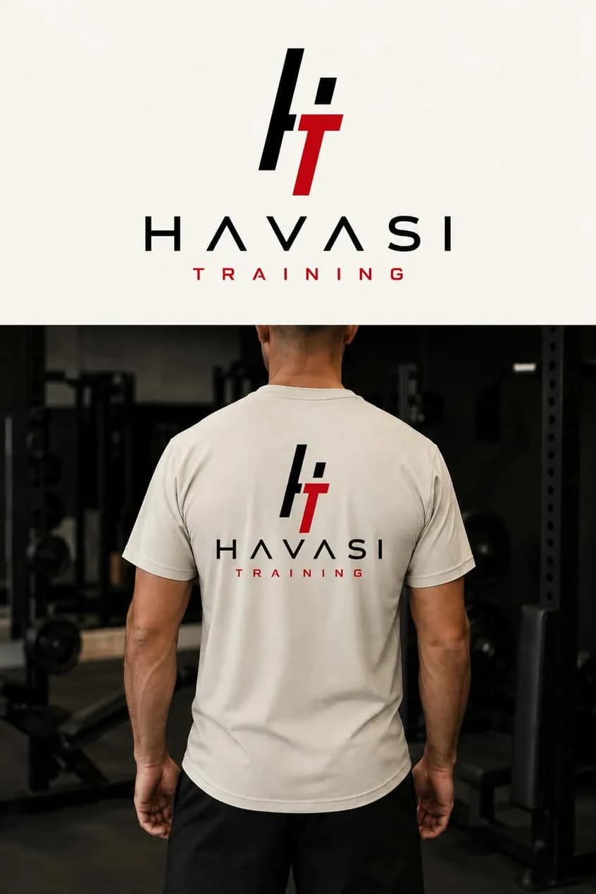 Havasi Tamás hátulról, a Havasi Training logójával nyomott világos edzőpólóban, a konditerem súlyzóállványai előtt
